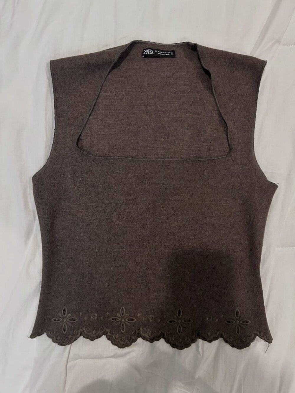 Zara Brown Square Neck Tank with Scallop Embroidered Border